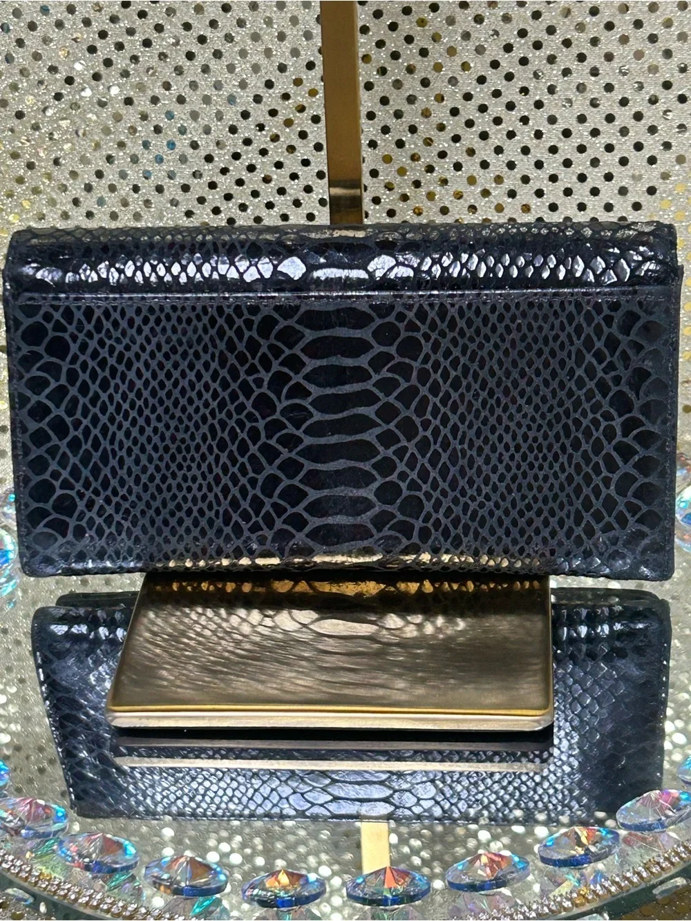 Michael Kors Black Snake-Embossed Wallet with Gold MK Emblem Approx. 6 x 4